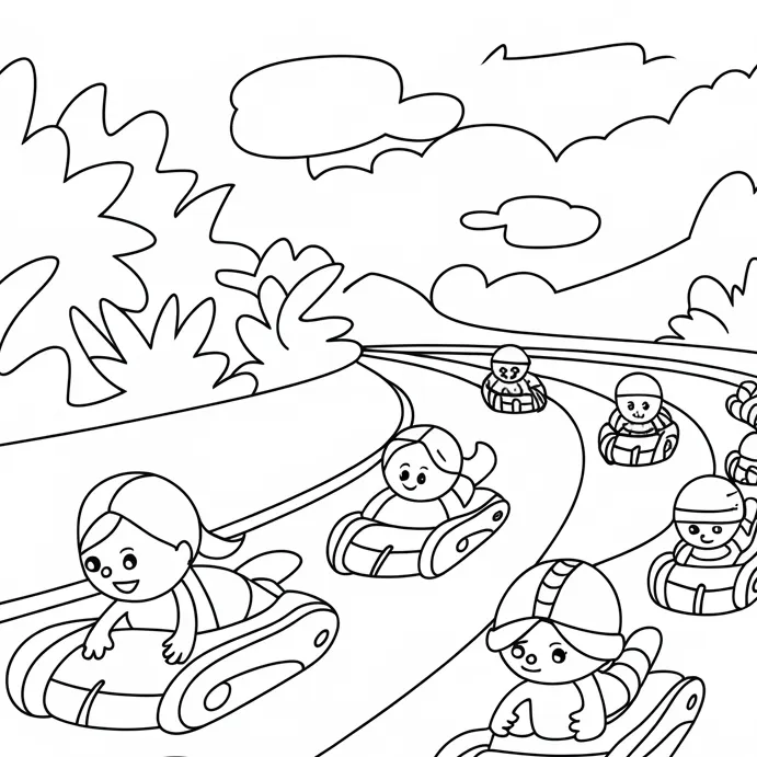 Kids and animals racing on a track coloring page