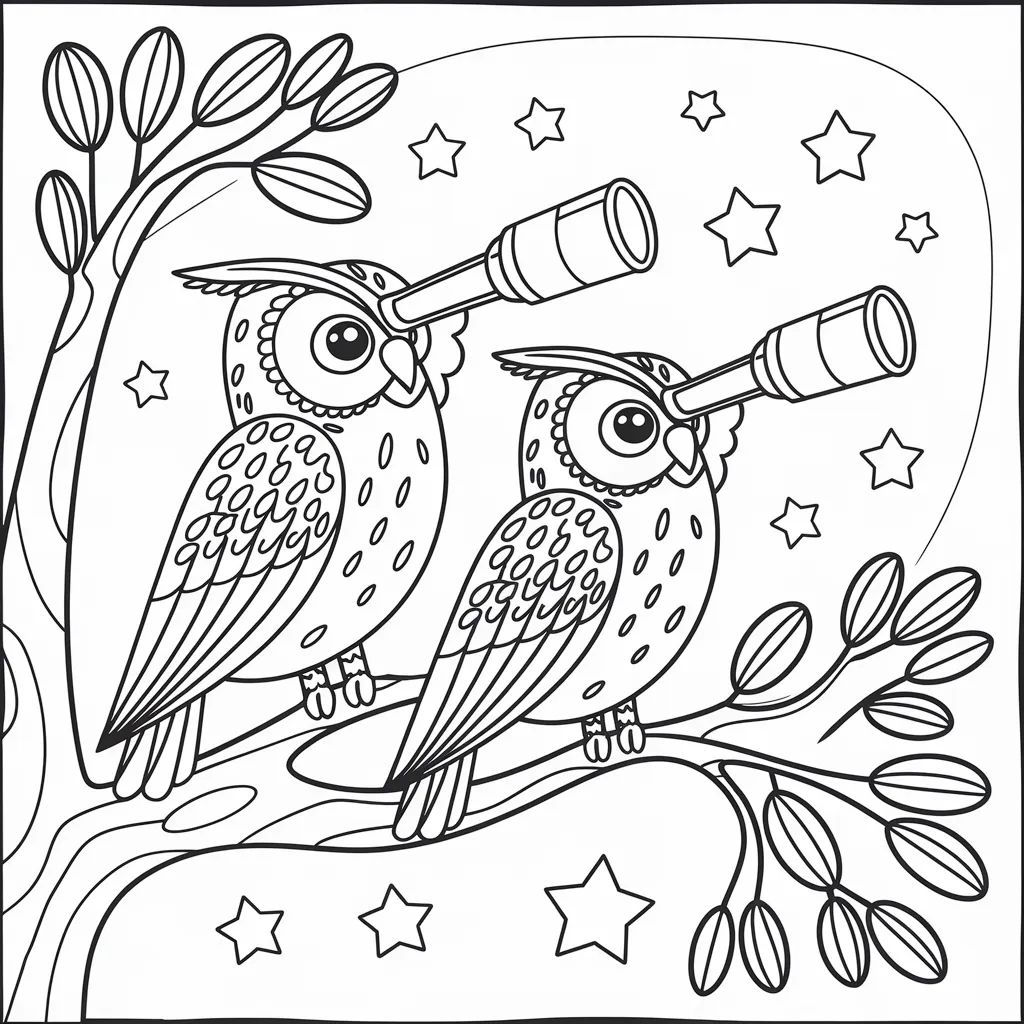 Stargazing Owls Coloring Page – Night Sky Adventure