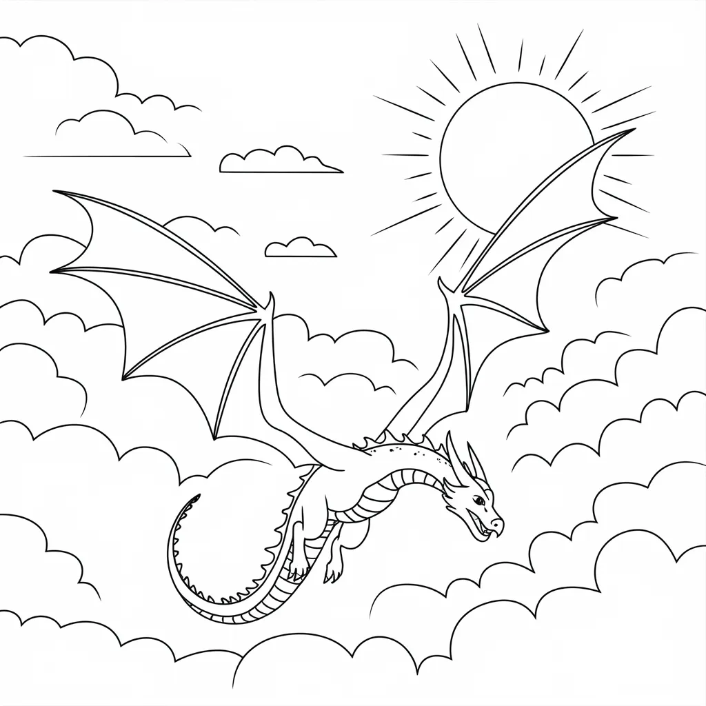 A simple dragon flying in the sky with spread wings, surrounded by clouds and sun.