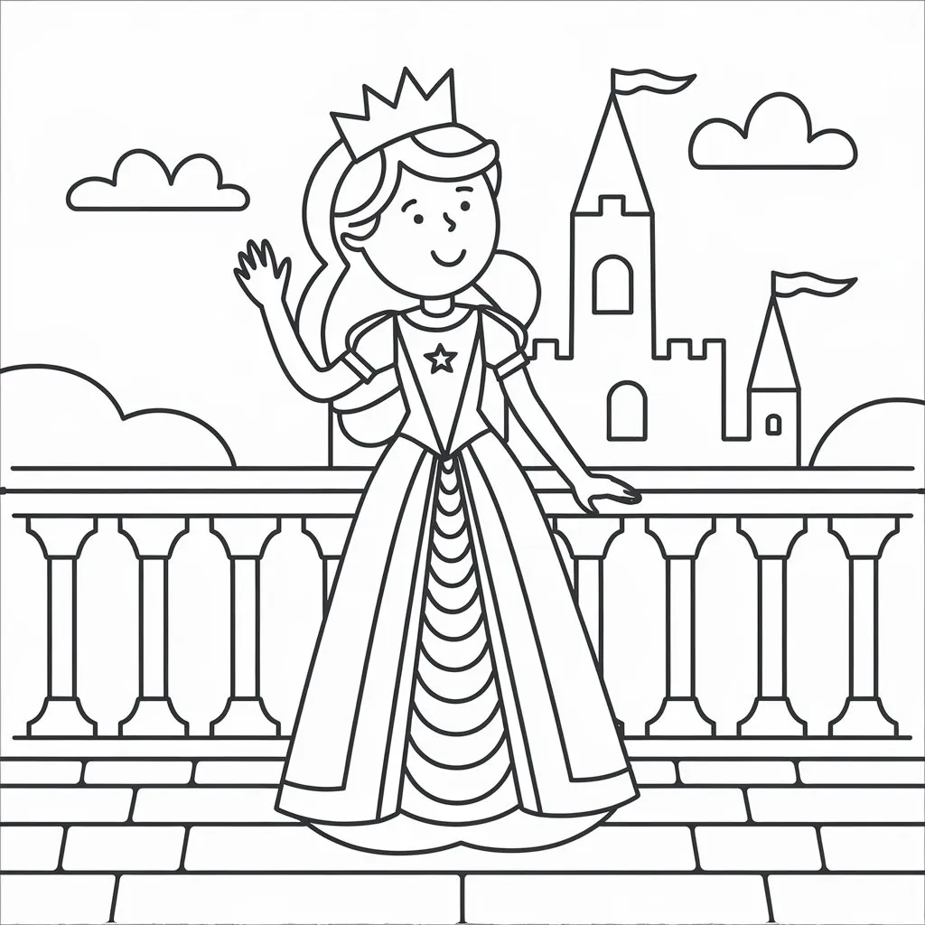 A princess waving from a castle balcony, perfect for kids to color.