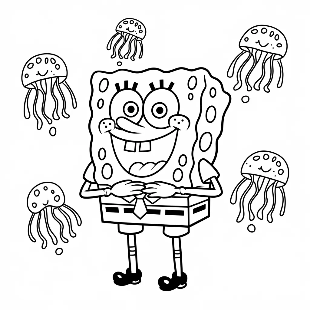 SpongeBob SquarePants laughing with jellyfish in the background, printable coloring page for kids.