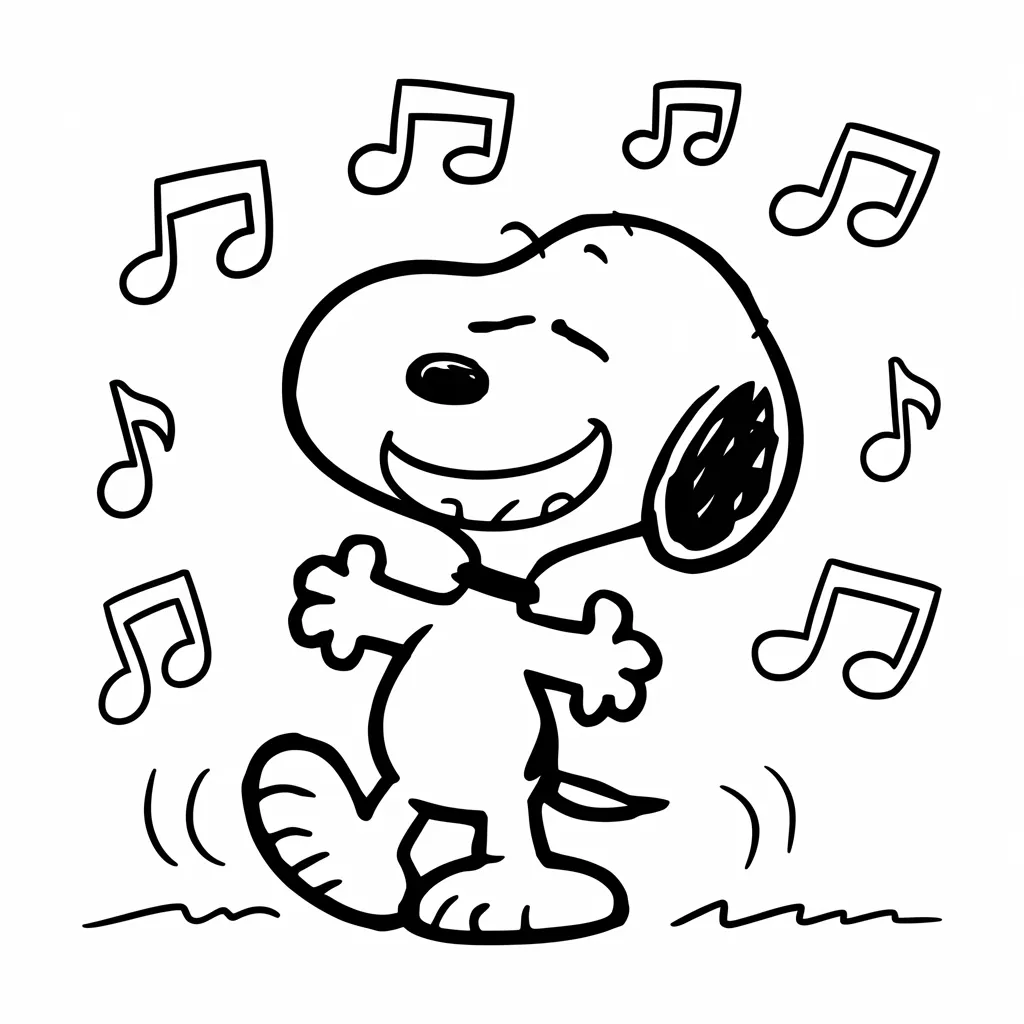 Snoopy dancing happily with music notes around him, ready to color.