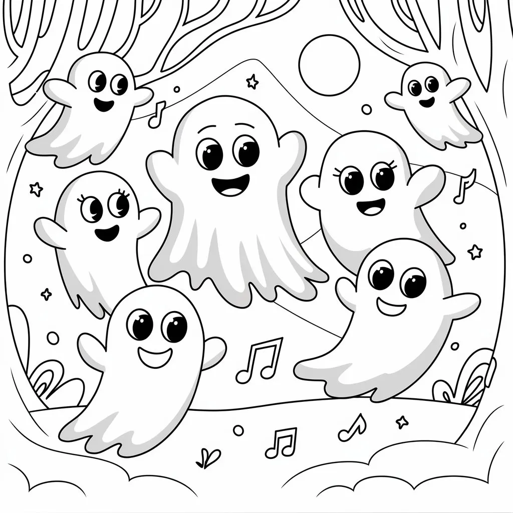 Adorable smiling ghosts dancing under a glowing moon in a spooky forest.