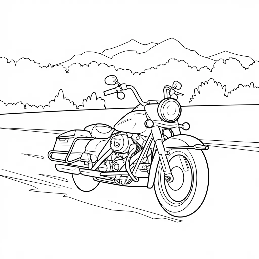 Simple Harley-Davidson motorcycle cruising down an open highway coloring page.