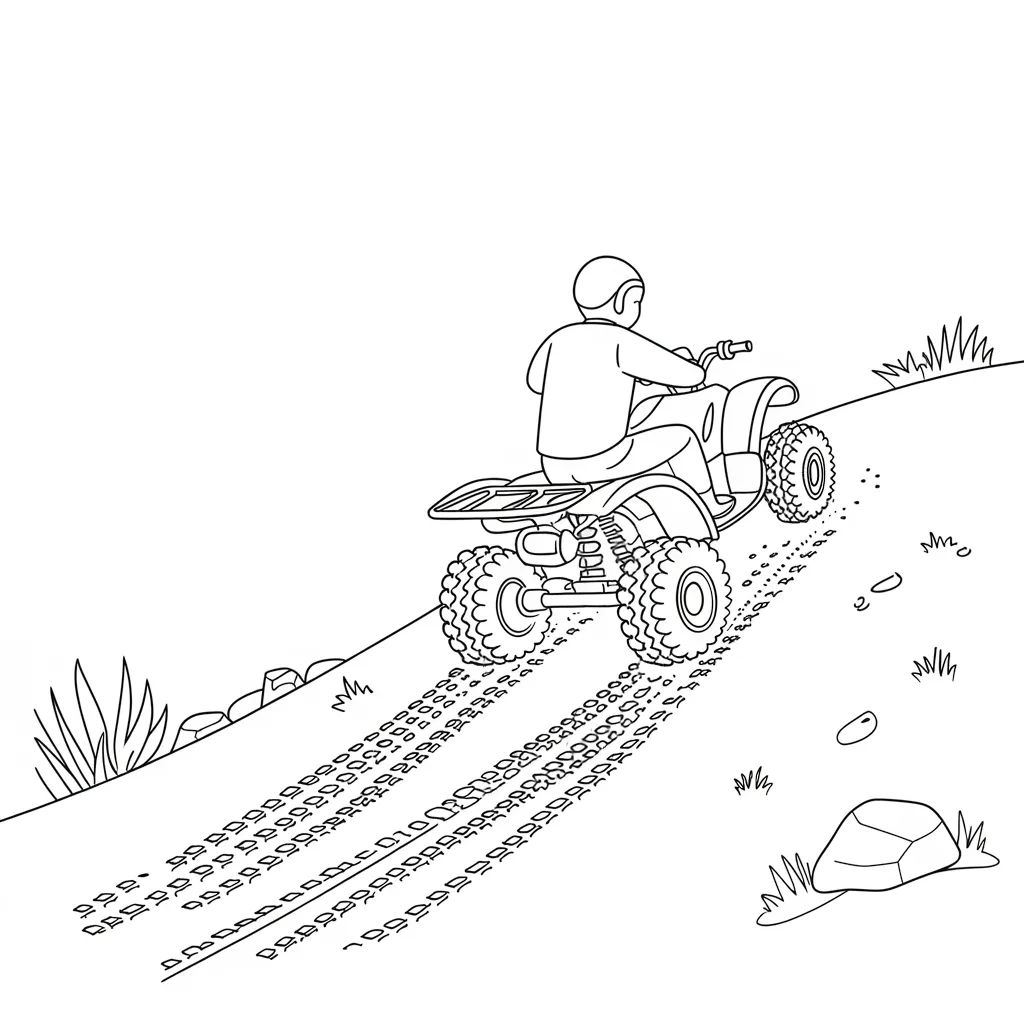 Simple ATV climbing a hill coloring page for kids, featuring tire tracks and rocks.