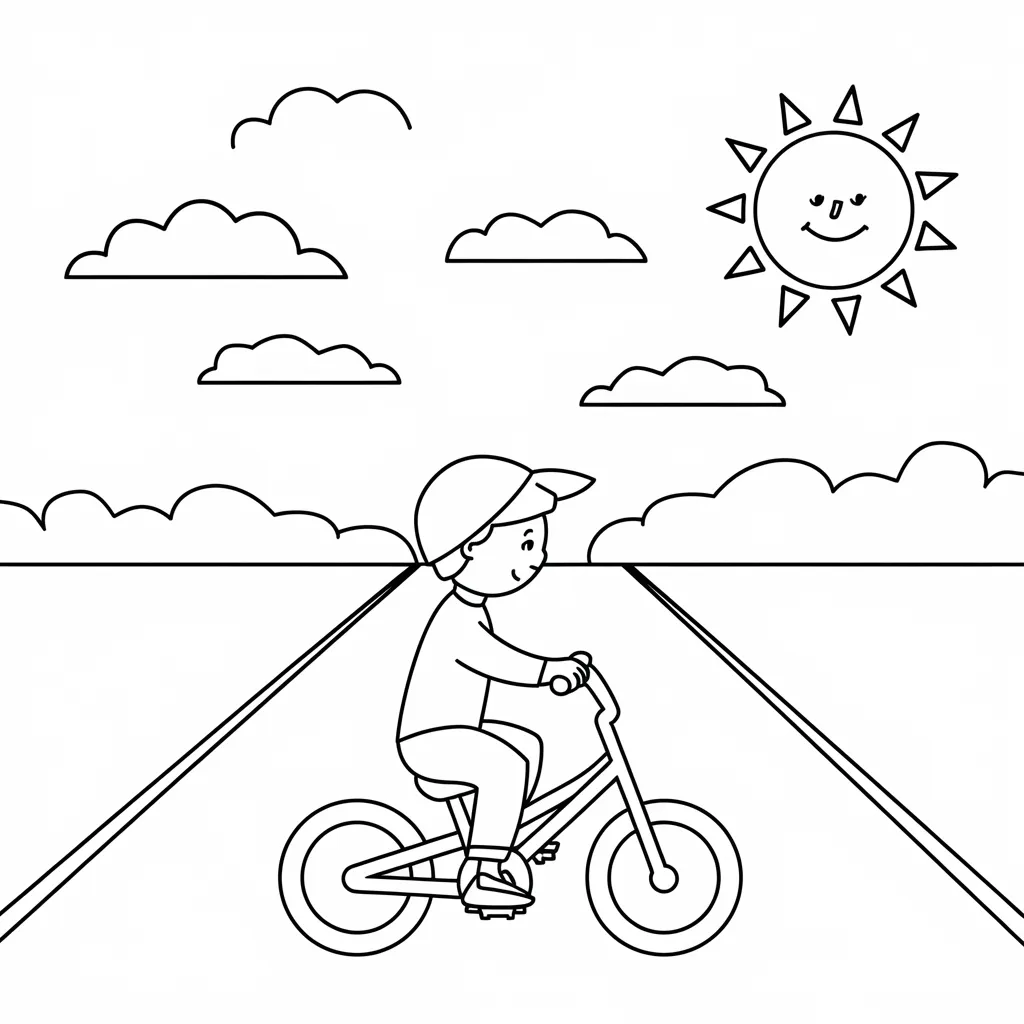 A child riding a bicycle on a sunny street coloring page