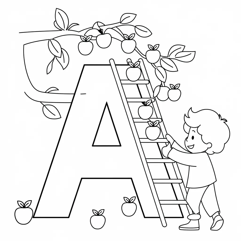 Letter A Coloring Page: Apple Picking Fun for Kids!