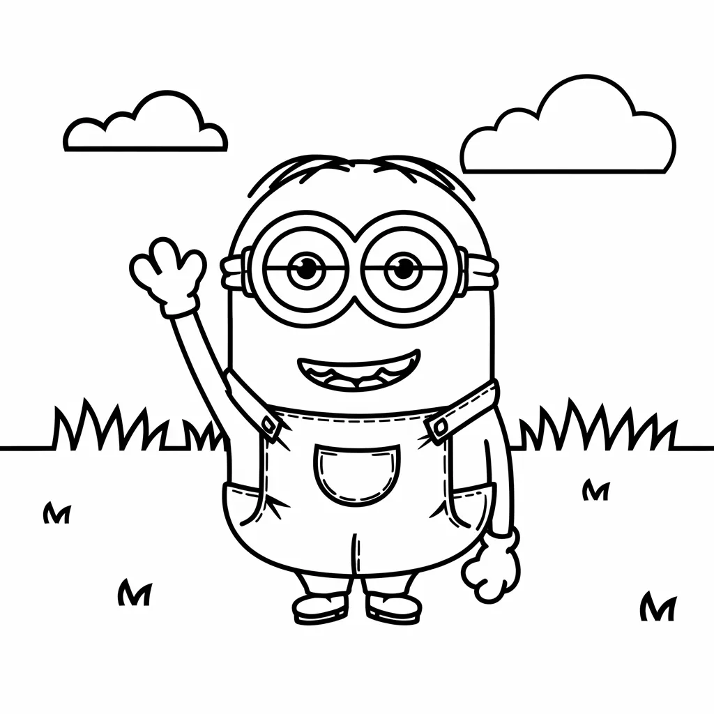 A happy Minion dancing with arms raised, ready to color.