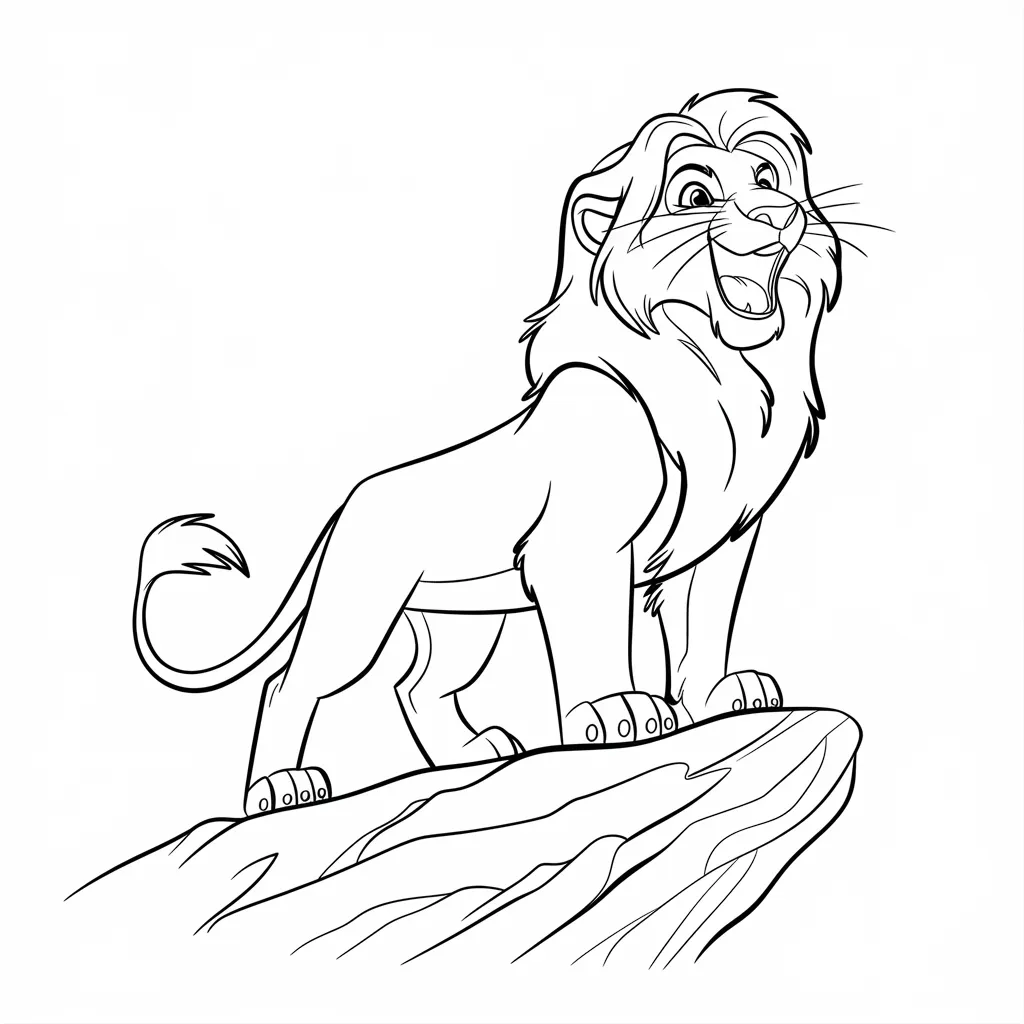 Simba standing on Pride Rock roaring coloring page