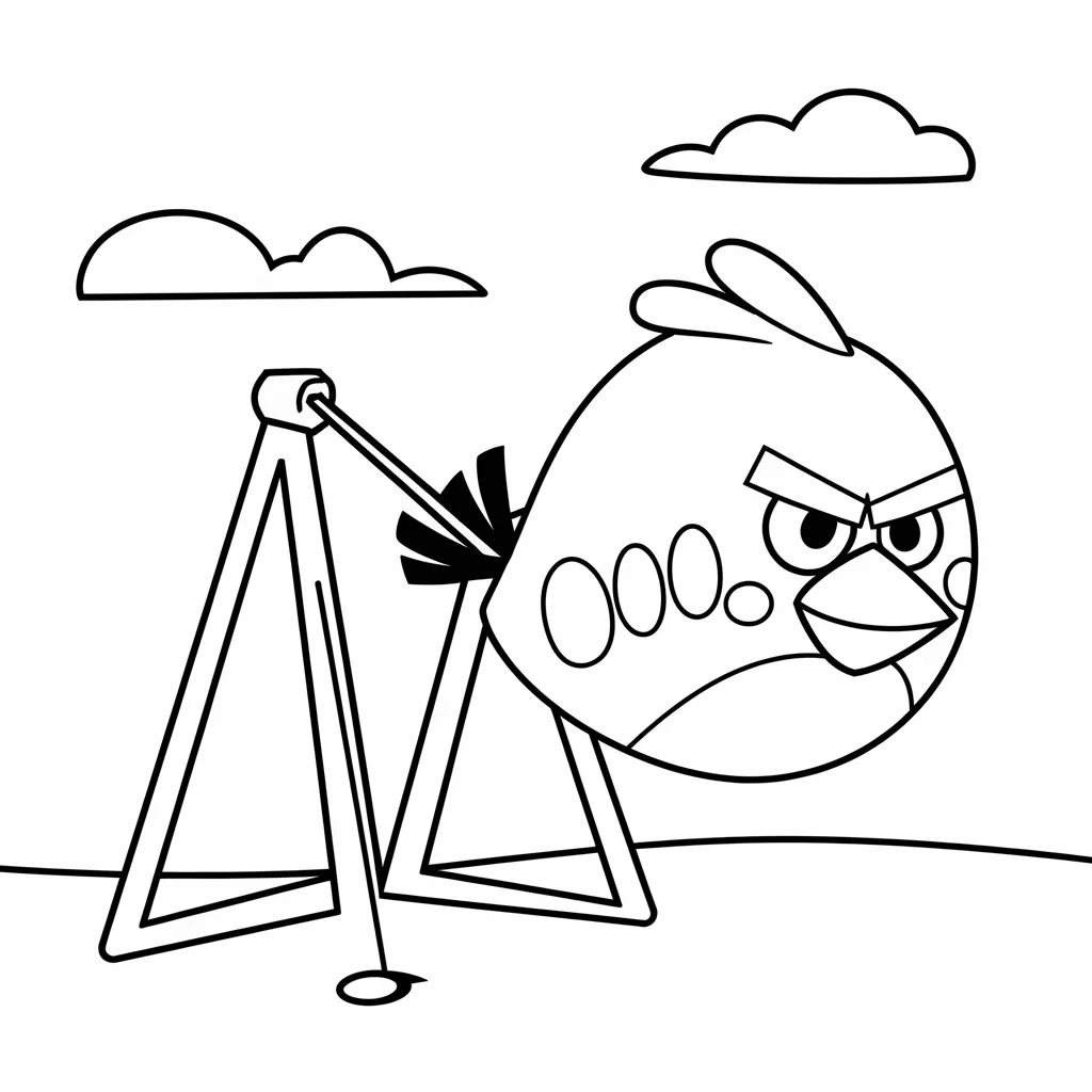 Simple Angry Bird in a slingshot ready to launch coloring page