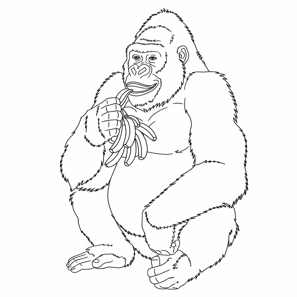 Simple gorilla eating bananas coloring page for kids