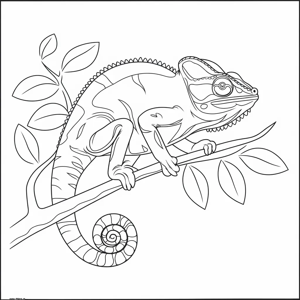 Simple chameleon climbing a tree branch coloring page for kids