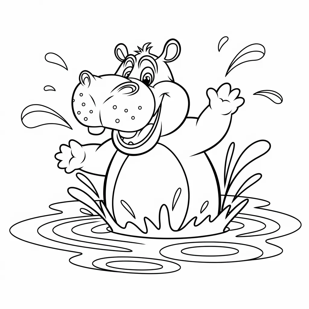 A happy hippo splashing in a pond with water droplets flying around.