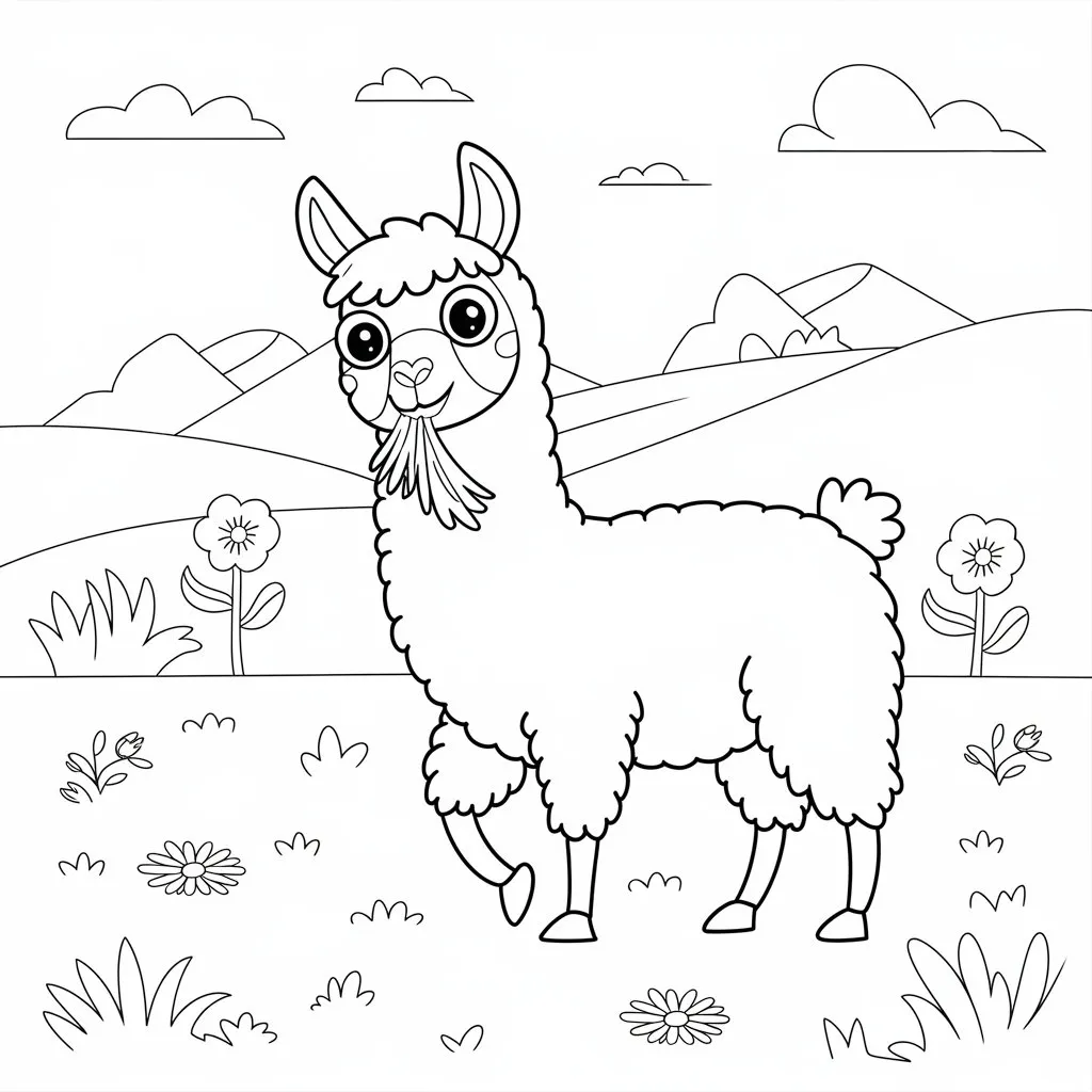 A simple llama grazing in a meadow with flowers and clouds.