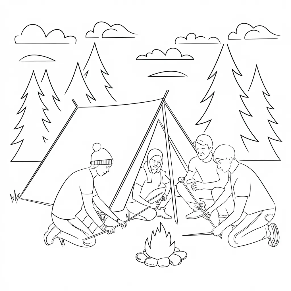 Family setting up a tent coloring page for camping lovers