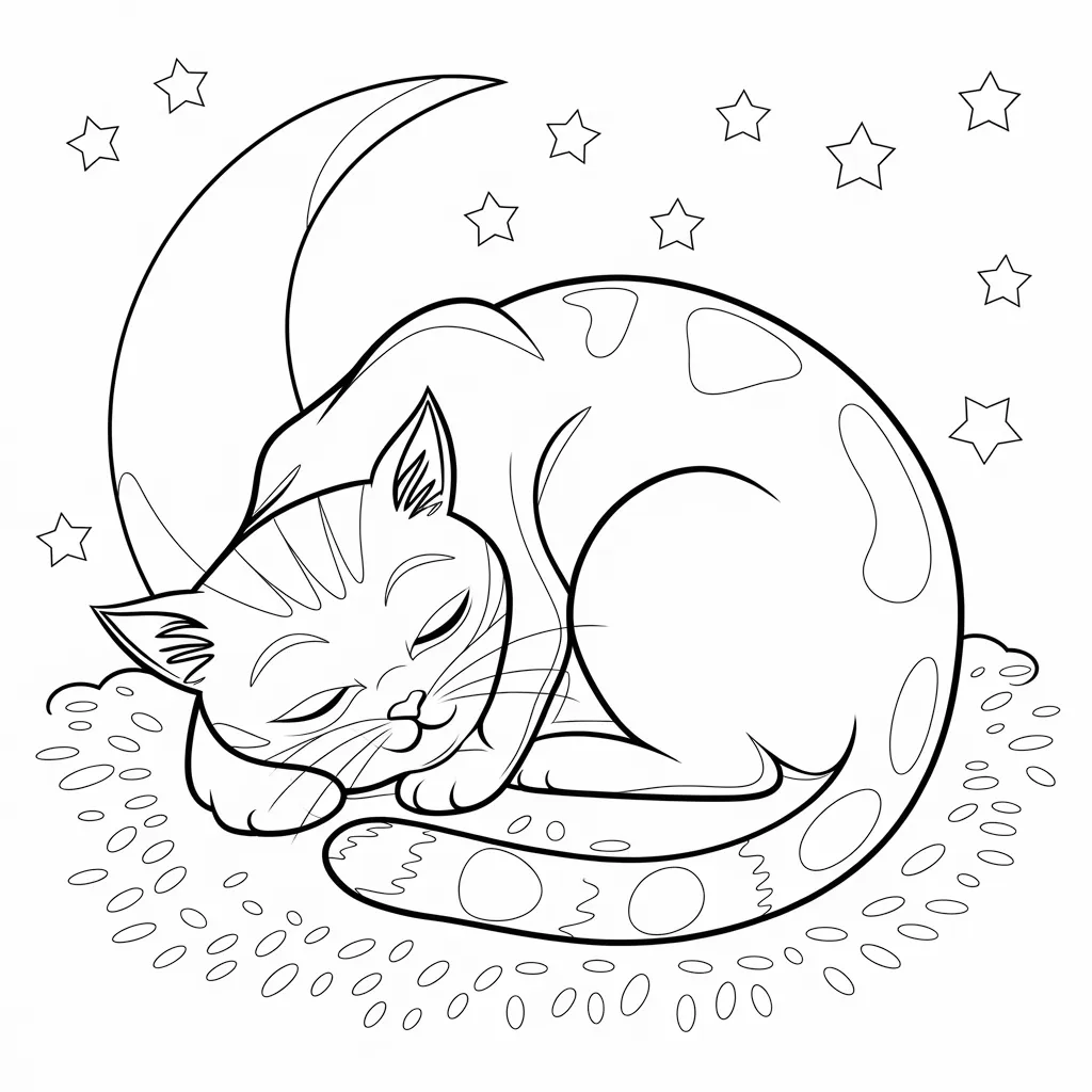 Simple doodle of a sleeping cat curled up with stars and moon for coloring