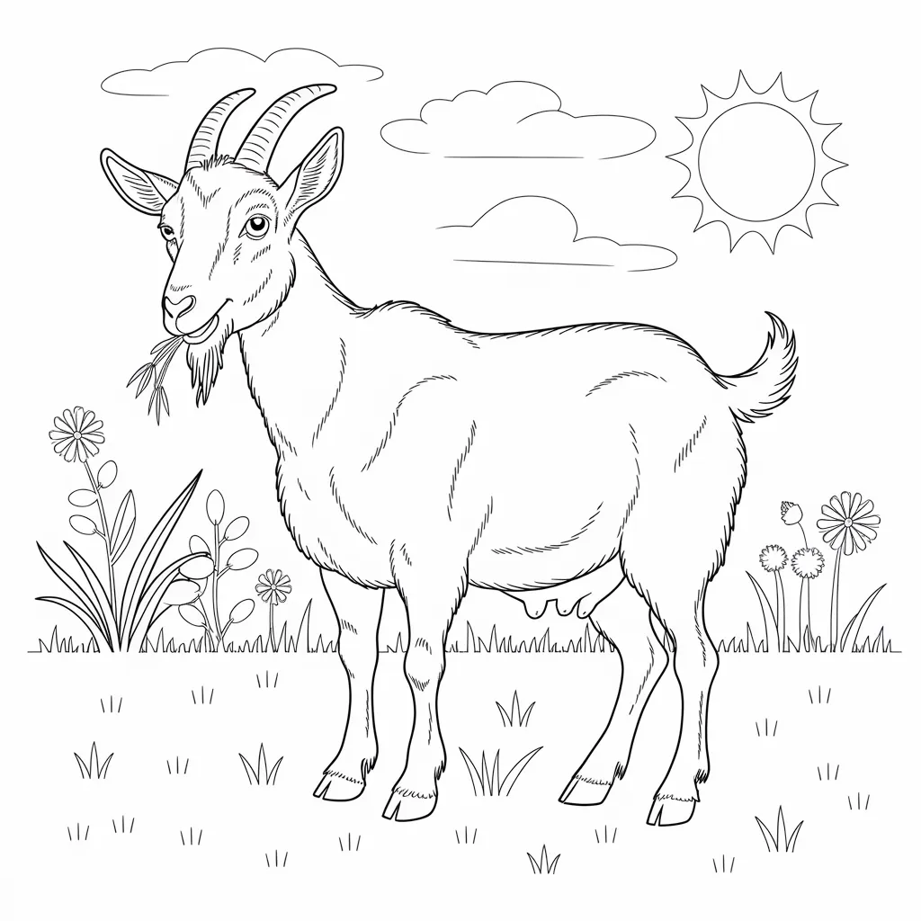 Simple grazing goat coloring page with grass and sunny sky