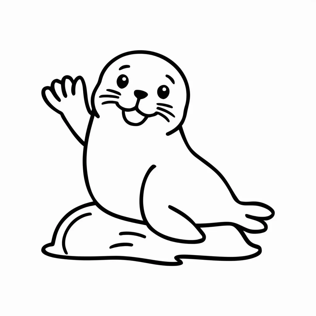 A cute seal sitting on a rock, waving its flipper, ready to be colored.