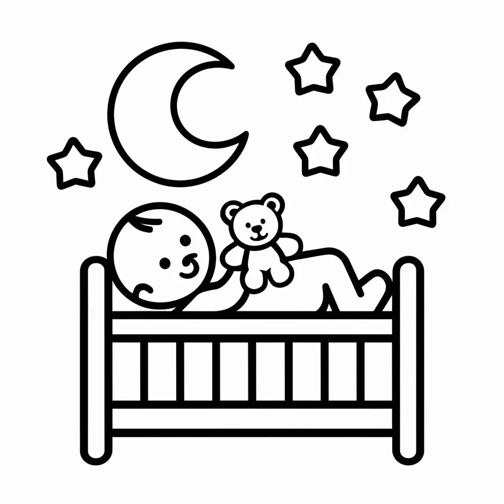 Cute baby sleeping in a crib with a teddy bear and stars