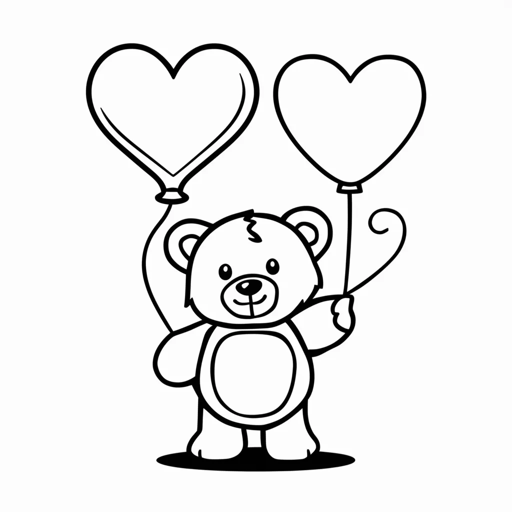 Simple teddy bear holding a heart-shaped balloon coloring page for kids