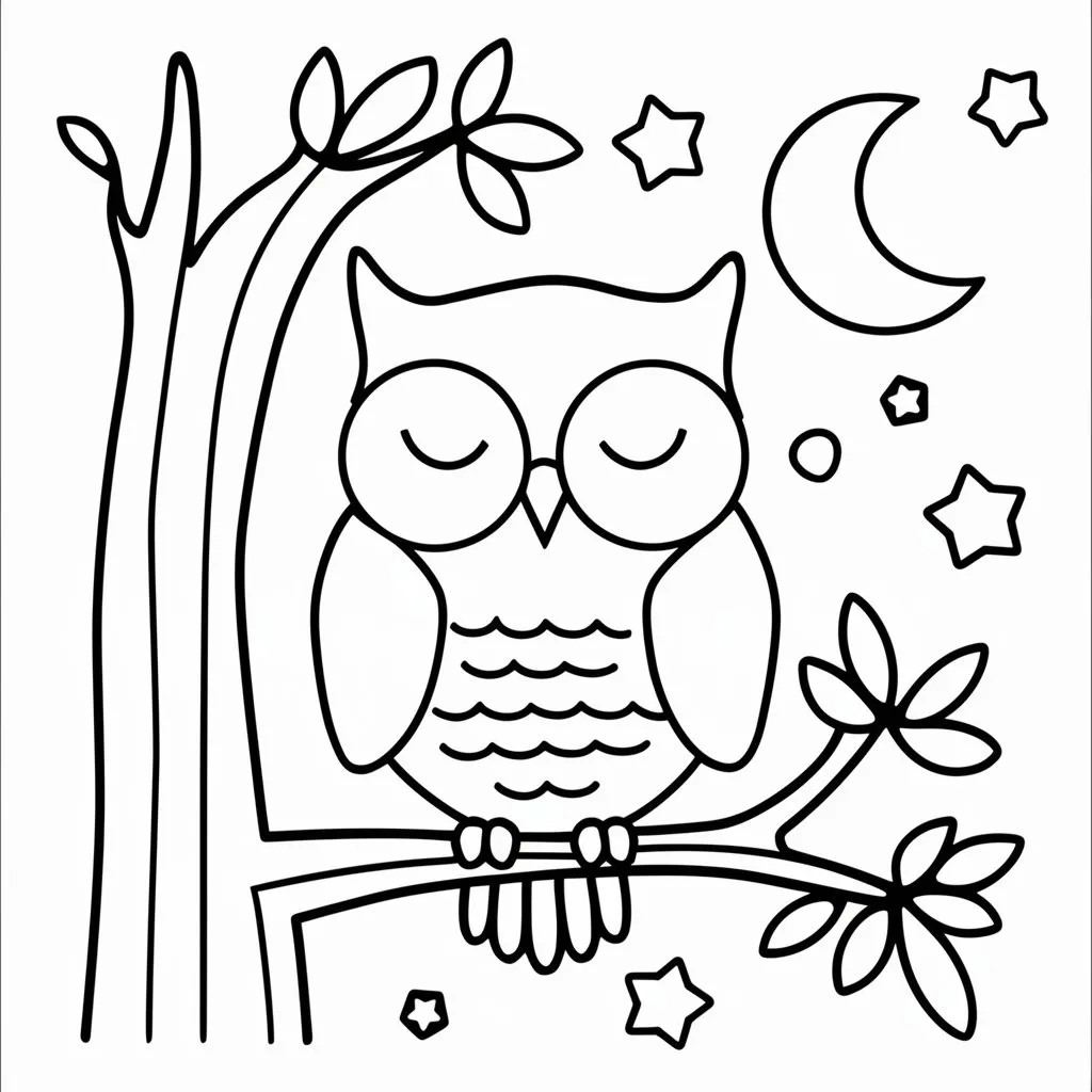 A simple owl perched on a branch, sleeping under a crescent moon and stars, perfect for coloring.