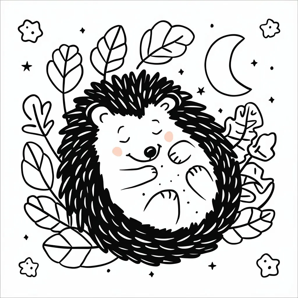 A cute hedgehog curled up in a ball, sleeping under a crescent moon with leaves around.