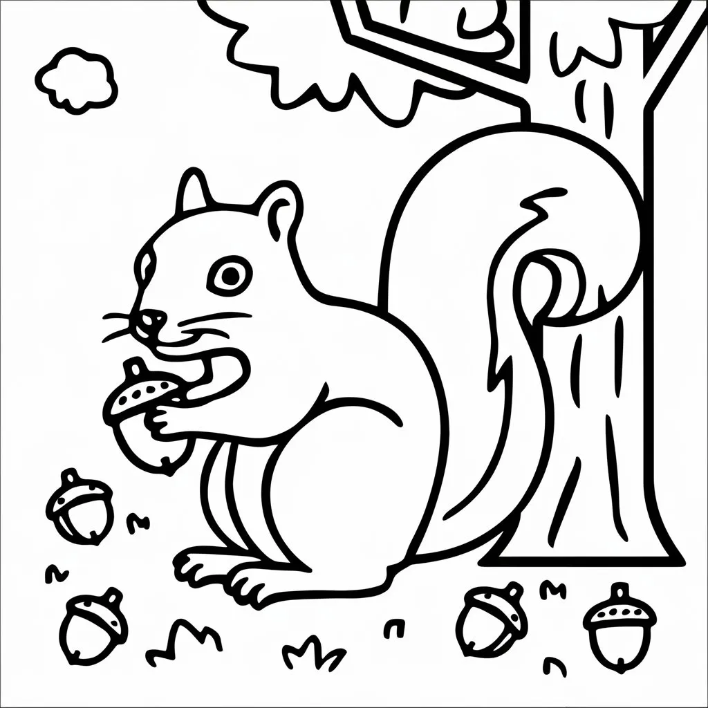 A cute squirrel holding an acorn near a tree, perfect for coloring.