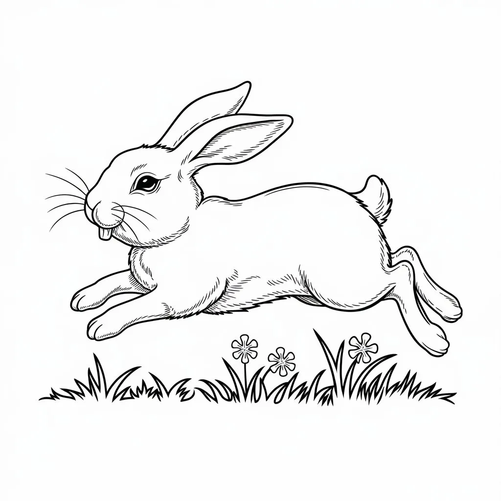 A cute rabbit hopping through a grassy field, perfect for coloring.