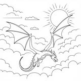 A simple dragon flying in the sky with spread wings, surrounded by clouds and sun.