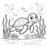 A simple turtle swimming underwater with bubbles and seaweed