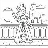 A princess waving from a castle balcony, perfect for kids to color.