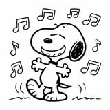 Snoopy dancing happily with music notes around him, ready to color.