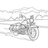 Simple Harley-Davidson motorcycle cruising down an open highway coloring page.