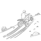 Simple ATV climbing a hill coloring page for kids, featuring tire tracks and rocks.