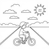 A child riding a bicycle on a sunny street coloring page