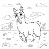 A simple llama grazing in a meadow with flowers and clouds.