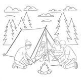 Family setting up a tent coloring page for camping lovers