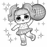 LOL Surprise doll dancing with a disco ball in the background, ready to color.