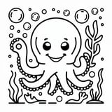 Cute waving octopus coloring page with bubbles and seaweed