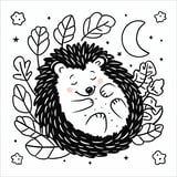 A cute hedgehog curled up in a ball, sleeping under a crescent moon with leaves around.