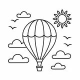 A simple hot air balloon floating in the sky with clouds and sun, perfect for coloring.