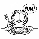 Garfield happily eating a plate of lasagna, perfect for coloring.
