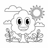 A cheerful tree with a smiling sun and fluffy clouds coloring page for kids.
