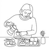 A person pouring coffee into a mug on a breakfast tray, with toast and fruit, ready to color.