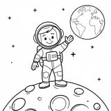 Simple astronaut waving on the moon with Earth in the background, coloring page for kids.