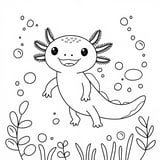 Simple waving axolotl coloring page with bubbles and underwater background