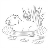 A simple capybara lounging in a pond with ripples and lily pads, perfect for coloring.