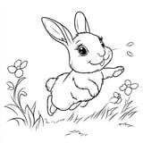Simple hopping bunny coloring page with floppy ears and grass