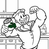 Popeye holding a can of spinach and flexing his muscles, ready to color.