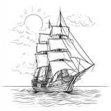 A simple pirate ship sailing on calm waters with a bright sun in the sky, perfect for coloring.